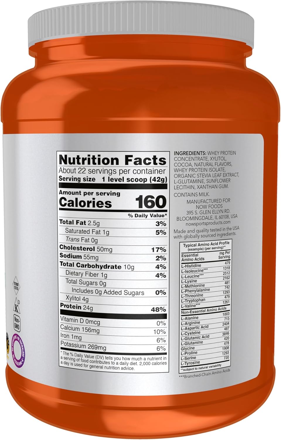 NOW Foods Sports Nutrition, Whey Protein, 24 G With BCAAs, Creamy Chocolate Powder, 2-Pound