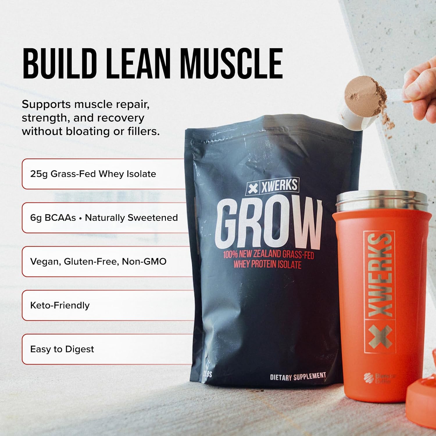 Xwerks Grow Whey Protein Powder, 25g Pure Isolate Protein from New Zealand Grass Fed Cows, Builds Strength and Speeds Recovery, Paleo and Keto Friendly, Soy and Gluten Free, Chocolate, 30 Servings