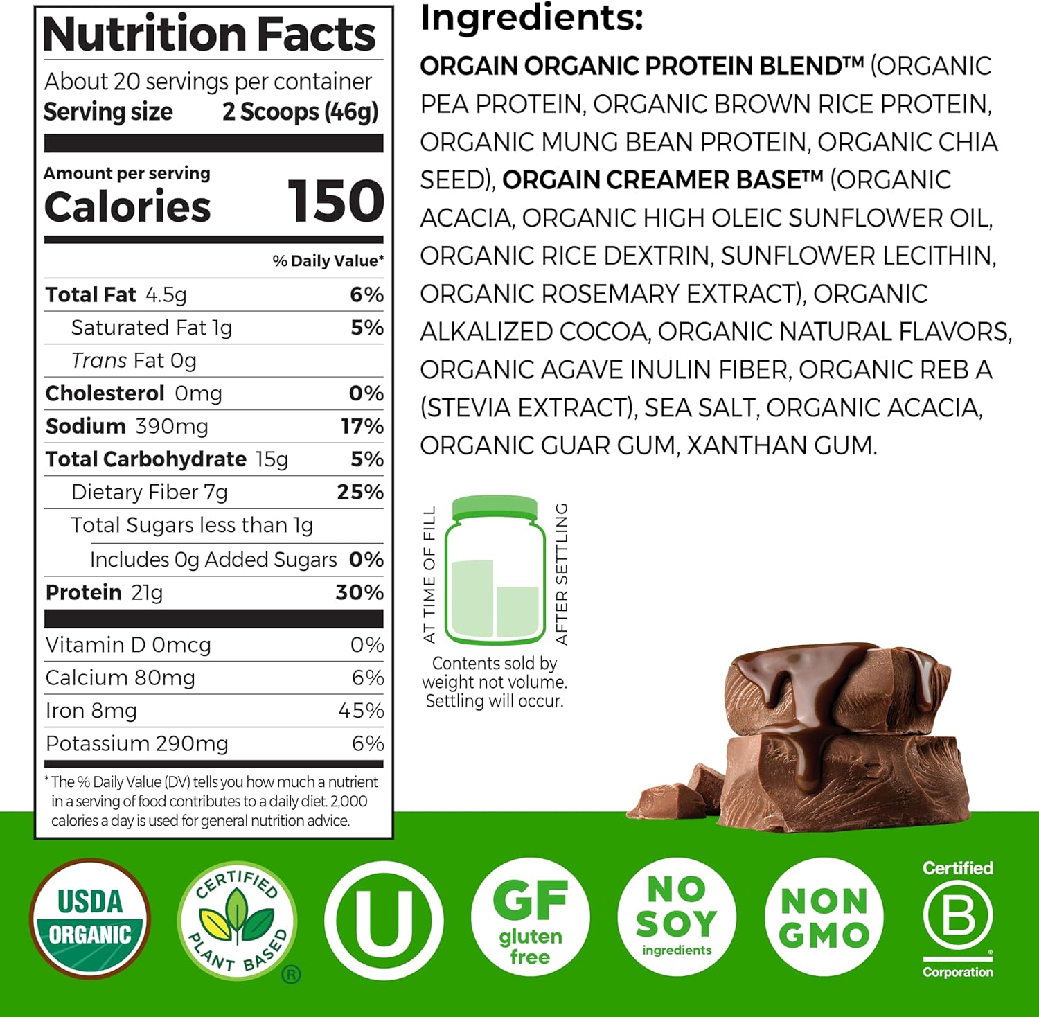 Orgain Organic Vegan Protein Powder, Creamy Chocolate Fudge - 21g Plant Protein, 6g Prebiotic Fiber, Low Net Carb, No Lactose Ingredients, No Added Sugar, Non-GMO, For Shakes & Smoothies, 2.03 lb