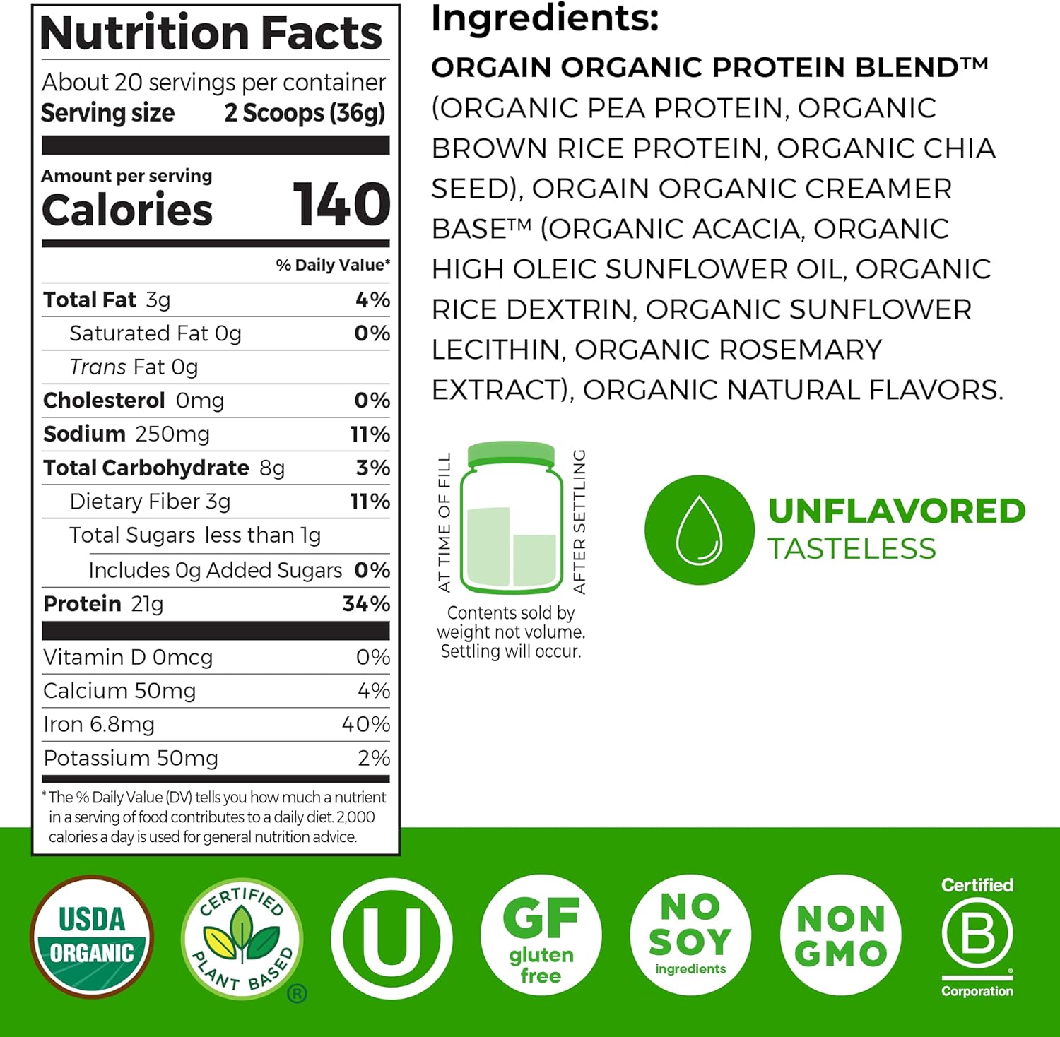 Orgain Organic Vegan Protein Powder, Natural Unsweetened - 21g of Plant Protein, 4g Prebiotic Fiber, Low Net Carbs, No Lactose Ingredients, No Added Sugar, Non-GMO, For Shakes & Smoothies, 1.59 lb