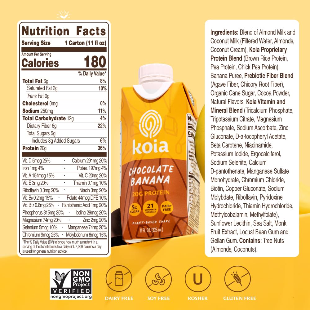 Koia Plant Based Protein Shake, Chocolate Banana, GLP-1 Friendly, 20g Protein, 5g Sugar, 6g Prebiotic Fiber, 21 Vitamins & Minerals, Meal Replacement Drink, Dairy-Free, 11 Fl Oz (Pack of 12)