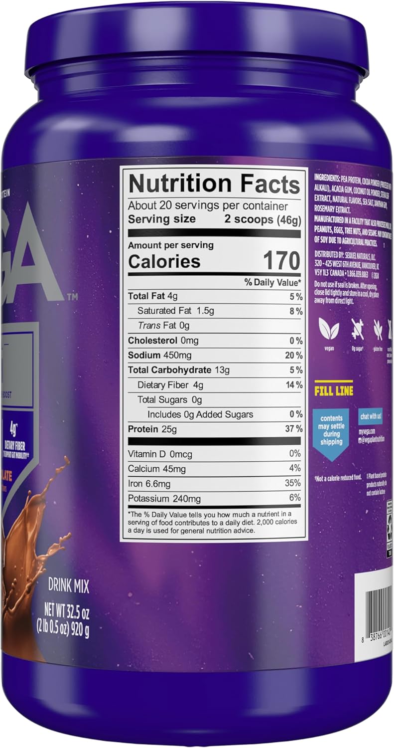Vega Original Essential Protein - 25g Plant-Based Protein, Creamy Chocolate, 20 Servings, Vegan Non-GMO Drink Mix, Smoothie & Shake Ready, Gluten Free, Dairy Free, 32.5oz (Packaging May Vary)