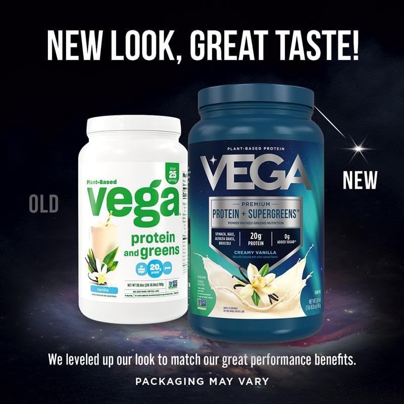Vega Protein + Supergreens - 20g Plant-Based Protein, Chocolate, 25 Servings, Real Greens & Veggies, Vegan Keto, 0g Added Sugar, Non-GMO, Gluten Free, Dairy Free, 1.8lbs (Packaging May Vary)