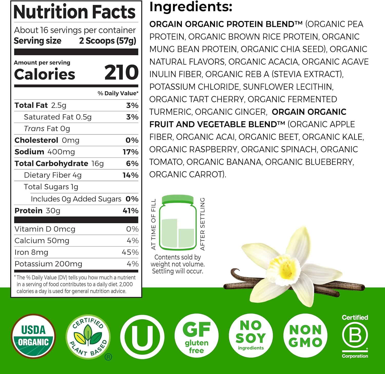 Orgain Organic 30g Vegan Plant Protein Powder, Vanilla, 9g EAAs + BCAAs, High Plant Protein, 4g Prebiotic + Fiber, 1g Sugar, Pre-Workout, Muscle Support + Recovery - 2.01lb (Packaging May Vary)