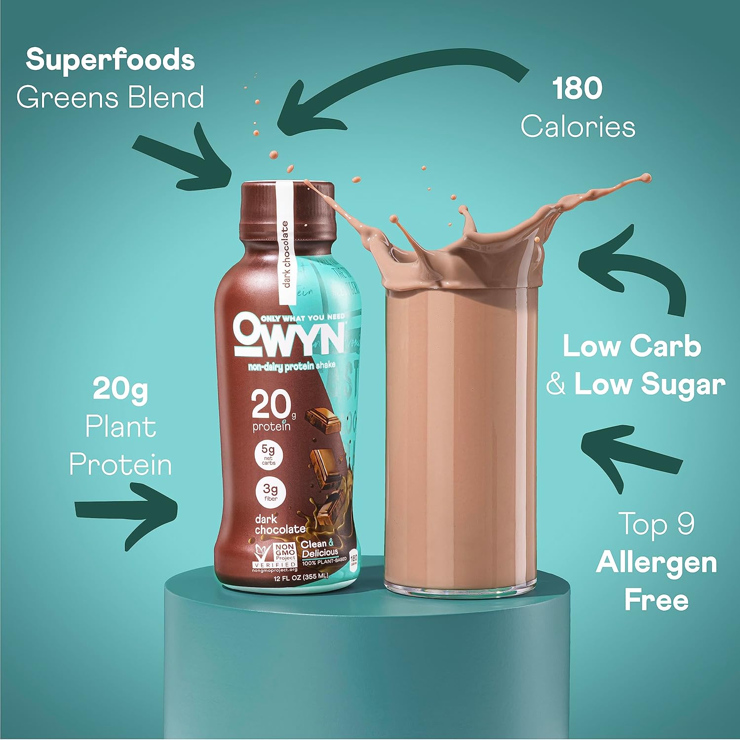 OWYN Only What You Need Dark Chocolate Flavored Protein Shake, 20g Protein, 4g Sugar, 3g Fiber, Dairy Free, Plant Based Protein Drink 12 Count