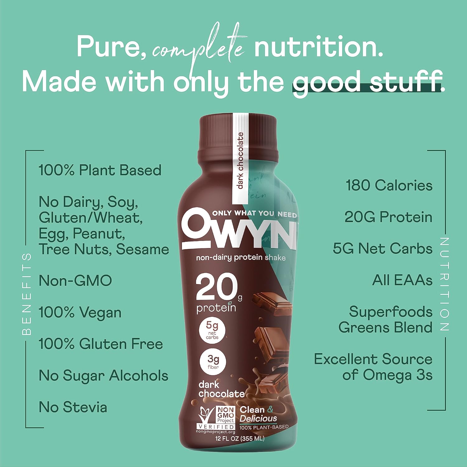 Alternative view of OWYN Only What You Need Dark Chocolate Flavored Protein Shake, 20g Protein, 4g Sugar, 3g Fiber, Dairy Free, Plant Based Protein Drink 12 Count