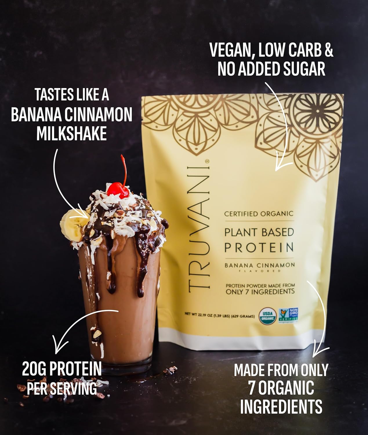 Alternative view of Truvani Vegan Pea Protein Powder | Banana Cinnamon | 20g Organic Plant Based Protein | 20 Servings | Keto | Gluten & Dairy Free | Low Carb | No Added Sugar