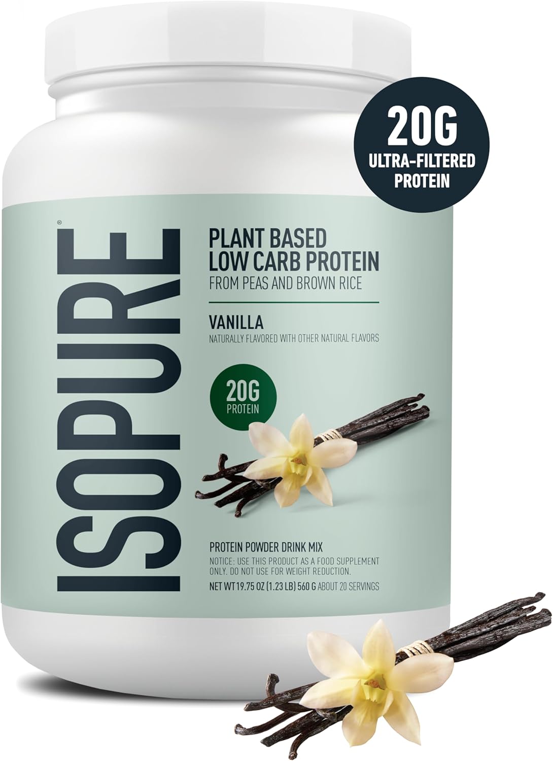 Isopure Plant-Based Protein Powder, Lactose Free, Gluten Free, With Iron, Vanilla, 20g Plant Protein Per Serving, 1.23 Lbs, 20 Servings