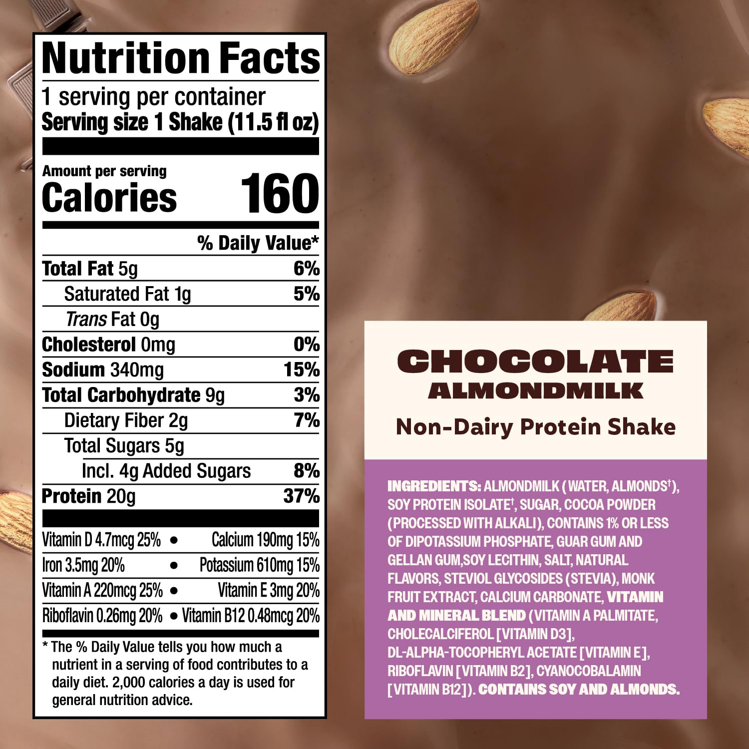 Premier Protein Almondmilk Plant Based Protein Shake, 20g Protein, 5g Sugar, 11.5 Fl oz, Chocolate, 12 Count