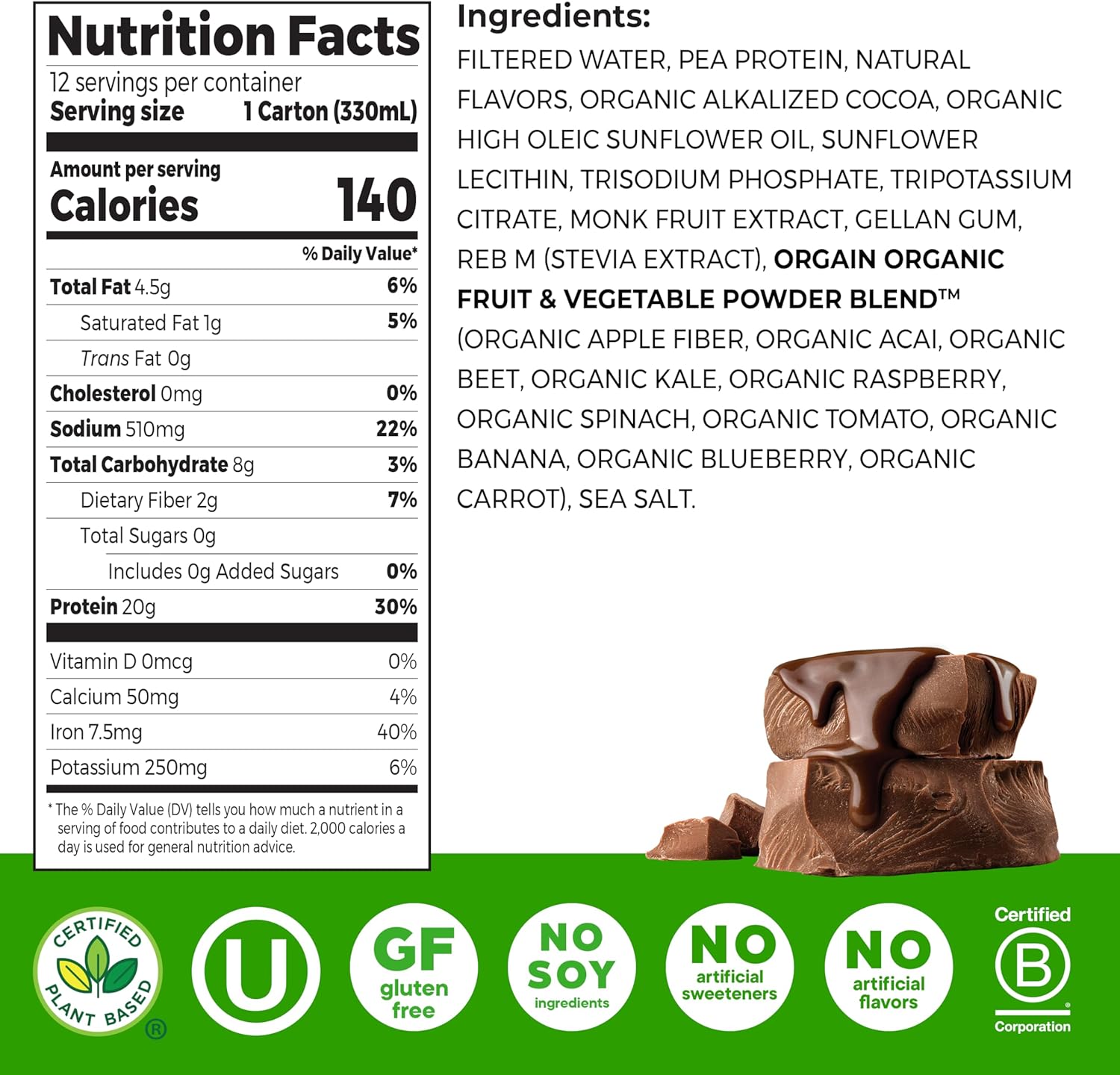 Orgain Organic Vegan Protein Shake, Creamy Chocolate - 20g Plant Based Protein, Ready to Drink, Fruits & Vegetables, Gluten Free, Kosher, No Soy or Dairy Ingredients, 11 Fl Oz (Pack of 12)