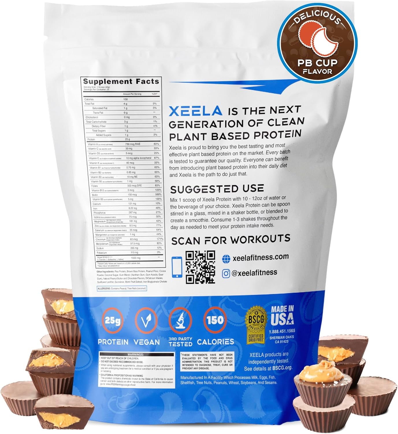 XEELA Plant Based Vegan Protein Powder - Independently Tested - 25g High Protein, Pea Protein for Men & Women - Vitamins & Minerals, Non GMO, Dairy & Gluten Free, LowCarb & LowFat (Peanut Butter Cup)