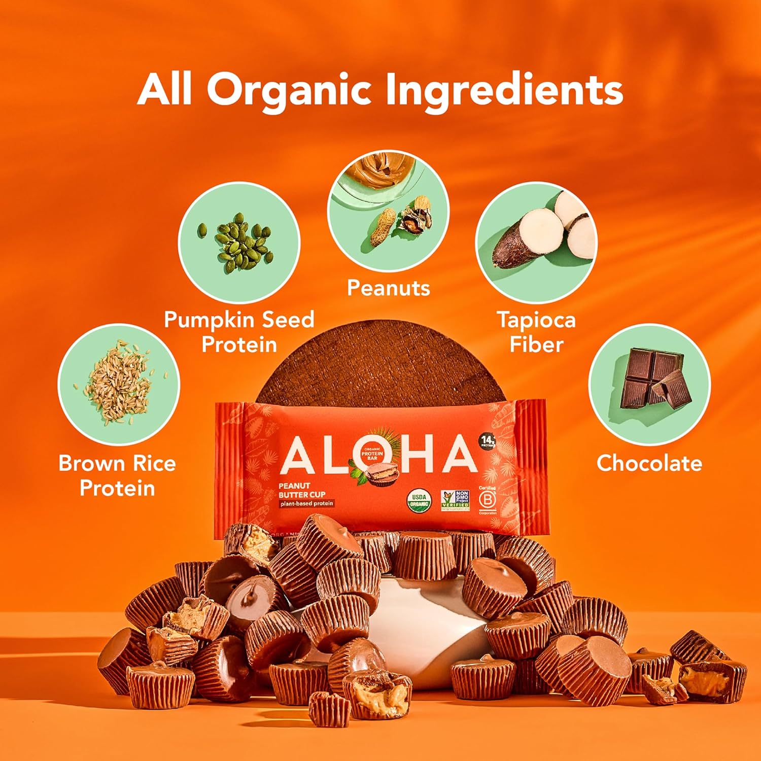 Alternative view of ALOHA Organic Plant Based Protein Bars - Peanut Butter Cup Bar - 12 Bars, Vegan, Low Sugar, Gluten-Free, Low Carb, Non-GMO, No Stevia, No Erythritol