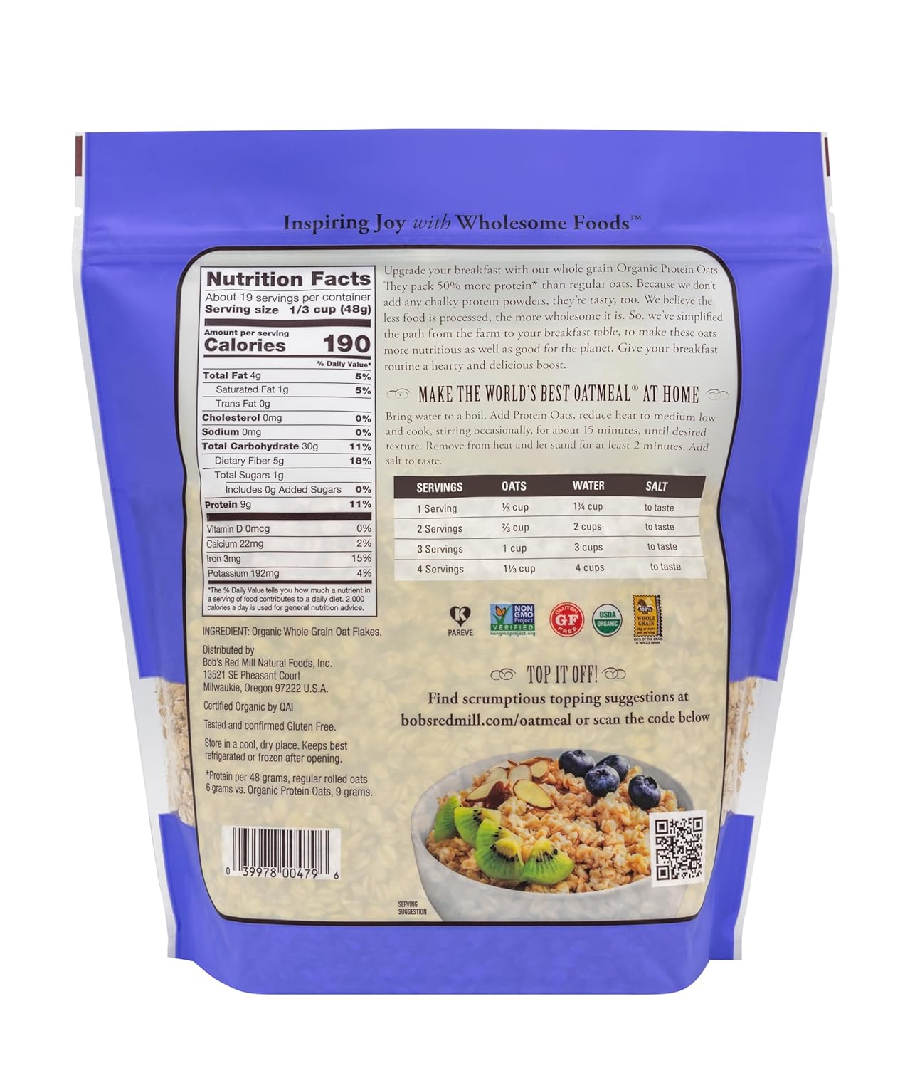Alternative view of Bob's Red Mill Organic Gluten Free Protein Oats, 32oz (Pack of 1) - 9g/Serving, Non GMO, Whole Grain, Plant Based Protein, Vegan, Kosher