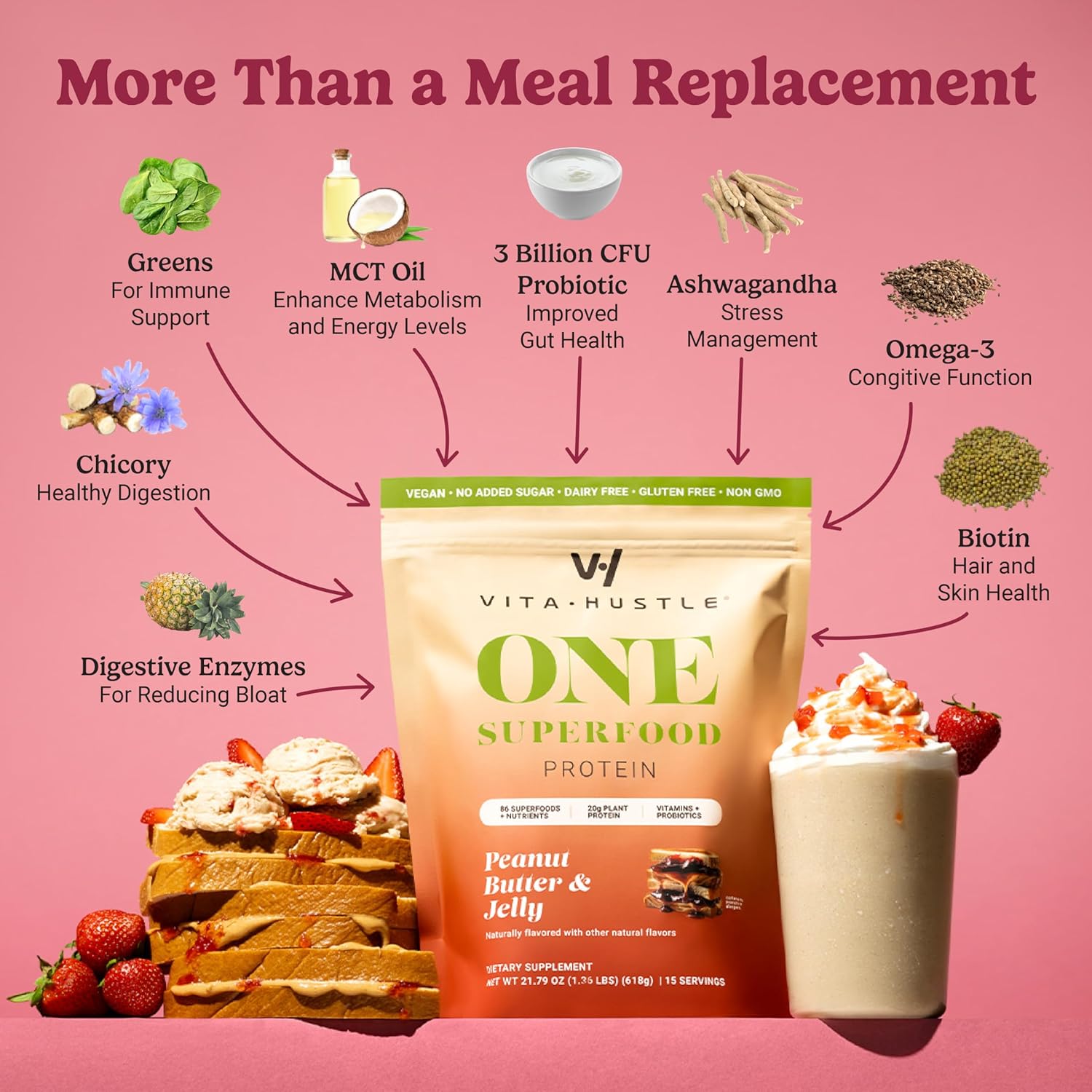 Alternative view of VitaHustle All-in-One Nutrition Shake, Peanut Butter & Jelly - Plant Based Protein Powder by Kevin Hart – Vegan Meal Replacement Shake with KSM66 Ashwagandha & 86+ Superfoods - Organic Meal Replacement Powder