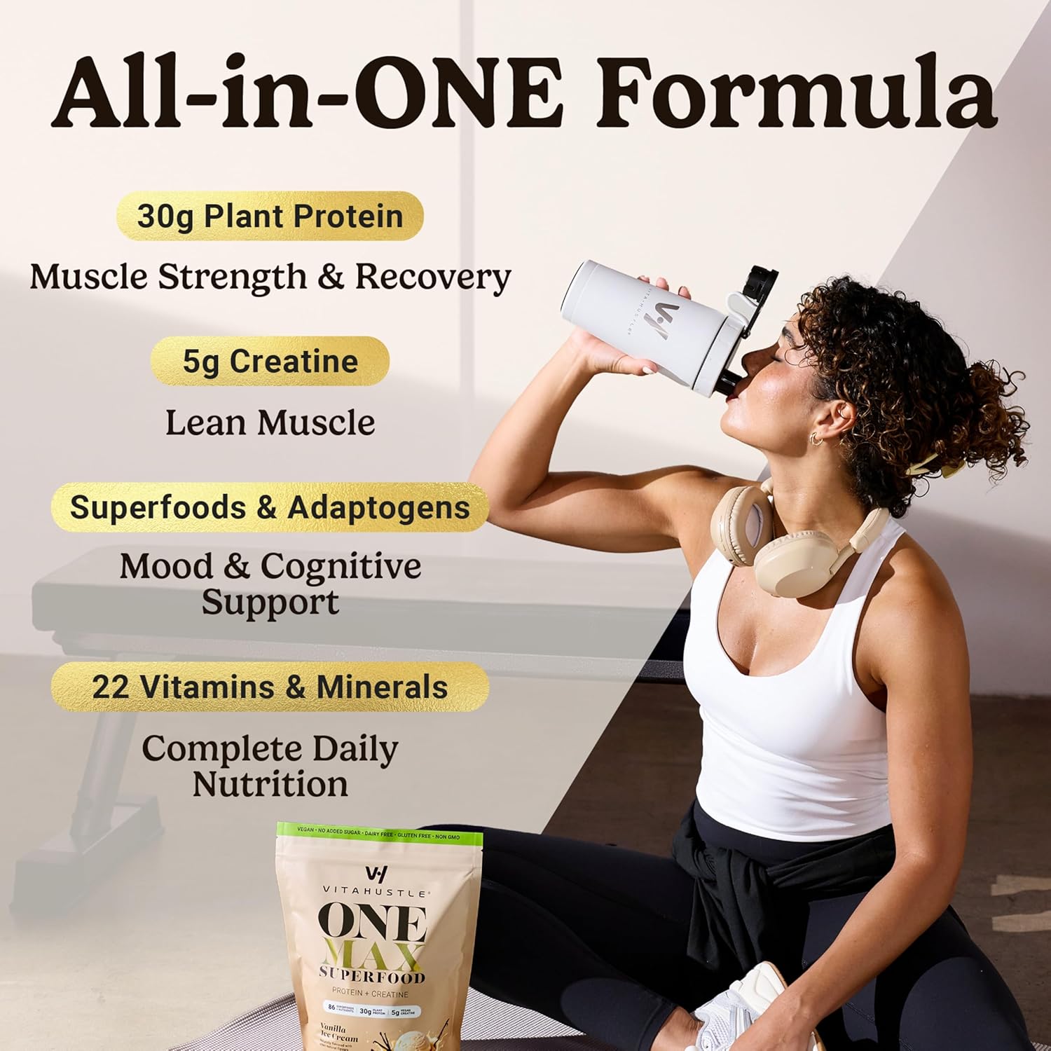 VitaHustle ONE Max Protein + 5g Creatine, 30g Plant Protein Powder, All-in-One Meal Replacement Shake with Greens, Adaptogens, Ashwagandha, Probiotics & Vitamins u2013 Vanilla Ice Cream, 15 Servings