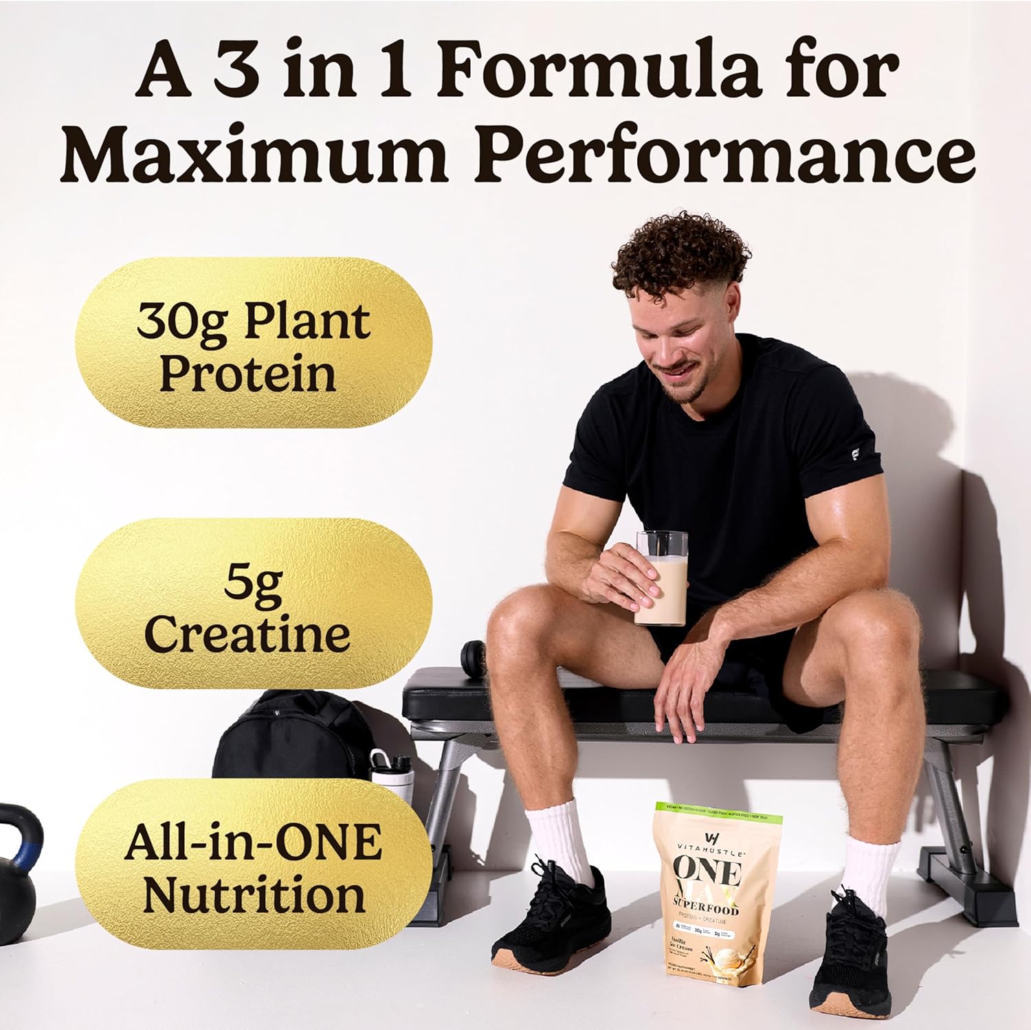 Alternative view of VitaHustle ONE Max Protein + 5g Creatine, 30g Plant Protein Powder, All-in-One Meal Replacement Shake with Greens, Adaptogens, Ashwagandha, Probiotics & Vitamins u2013 Vanilla Ice Cream, 15 Servings