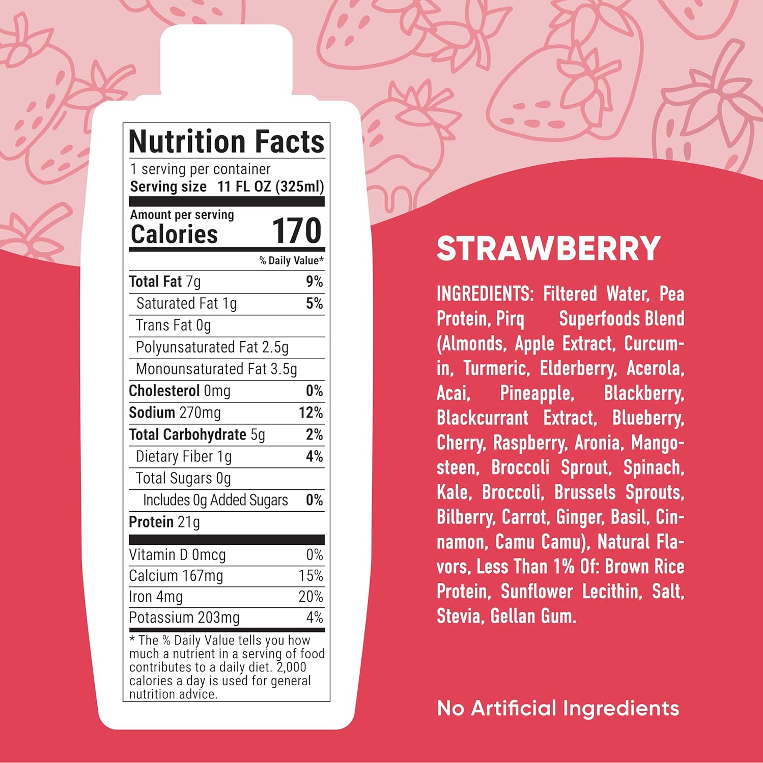 Pirq Plant Based Protein Shake, 21g Vegan Protein, 25 Superfoods, 0g Sugar, Dairy-Free, Gluten-Free, and Soy-Free, (12 Pack)(Strawberry)