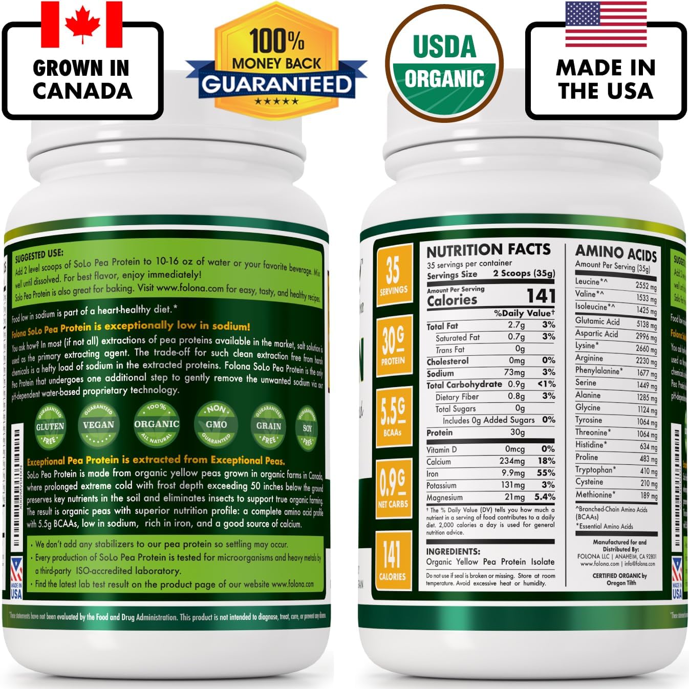 SOLO Organic Pea Protein Isolate, Low in Sodium, Canada Grown Peas, 100% Vegan, Non-GMO, Unflavored Plant Based Protein Powder with BCAA, Keto & Paleo Friendly, Easy to Digest, No Additives (2.7 lbs)