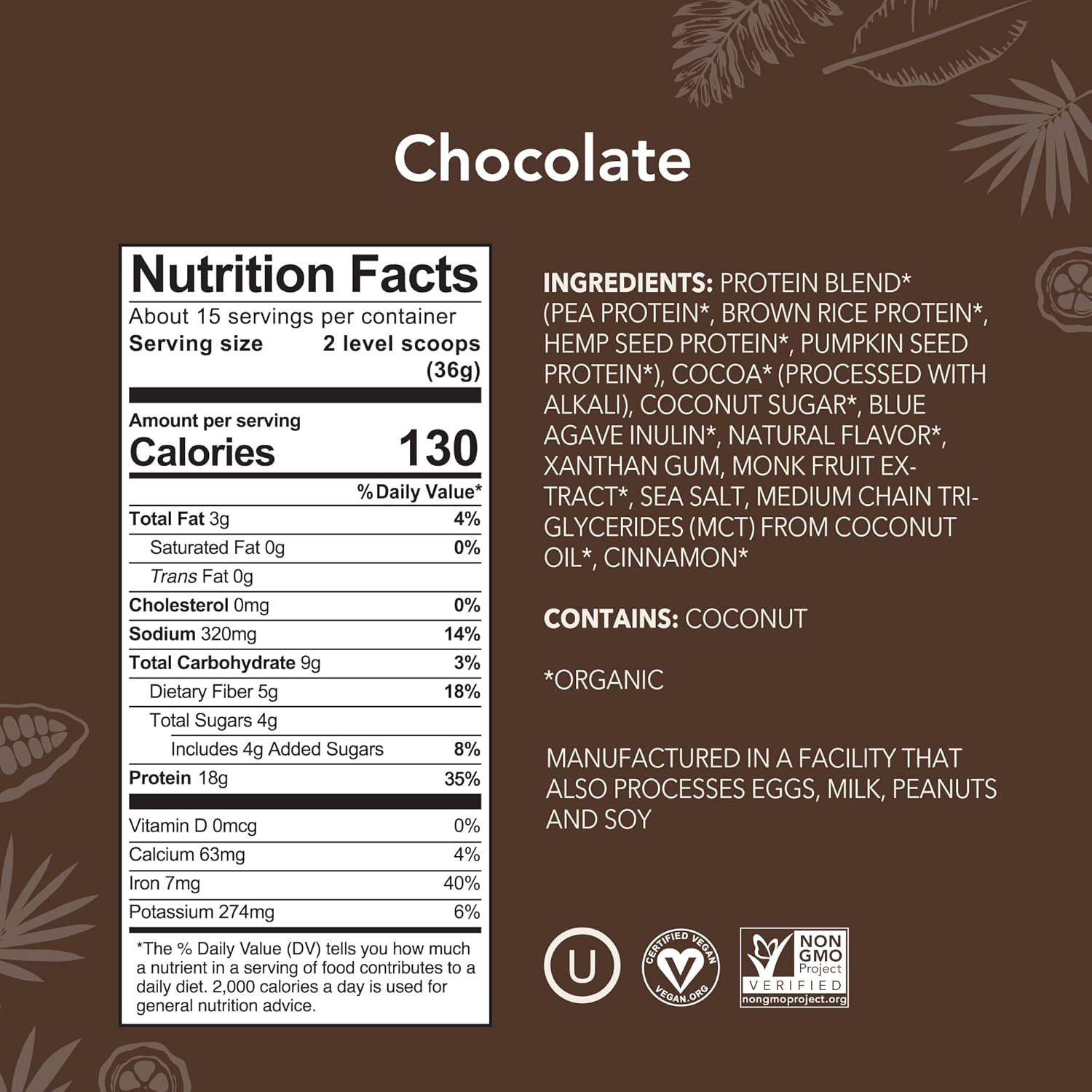 ALOHA Organic Plant Based Protein Powder, Stevia Free, Chocolate, 19.6 oz, 15 Servings, GLP-1 Friendly Formula
