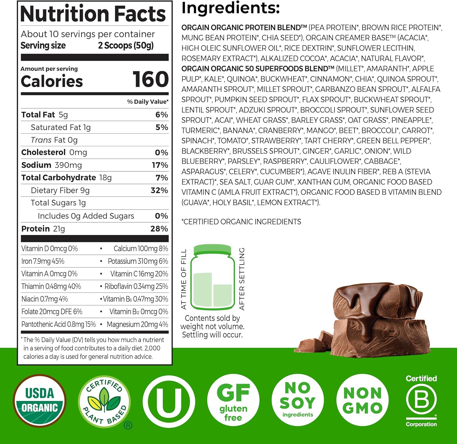 Orgain Organic Vegan Protein + 50 Superfoods Powder, Creamy Chocolate Fudge - 21g Plant Based Protein, 10g Prebiotic Fiber, No Lactose Ingredients, Gluten Free, No Added Sugar, Non-GMO, 1.12 lb