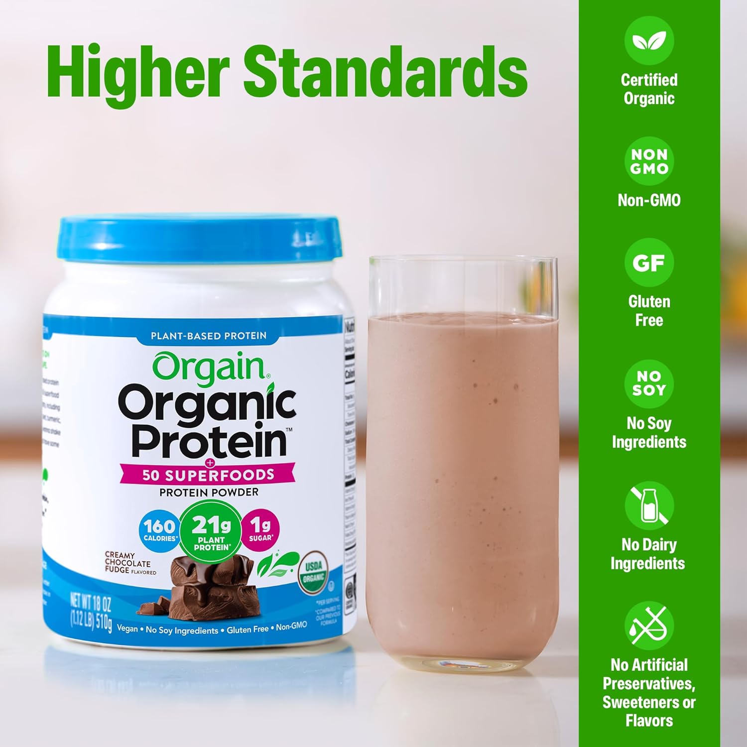 Alternative view of Orgain Organic Vegan Protein + 50 Superfoods Powder, Creamy Chocolate Fudge - 21g Plant Based Protein, 10g Prebiotic Fiber, No Lactose Ingredients, Gluten Free, No Added Sugar, Non-GMO, 1.12 lb