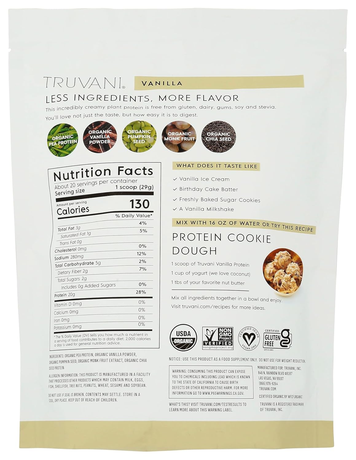 Truvani Plant Based Protein Powder, Vanilla, 20 Servings
