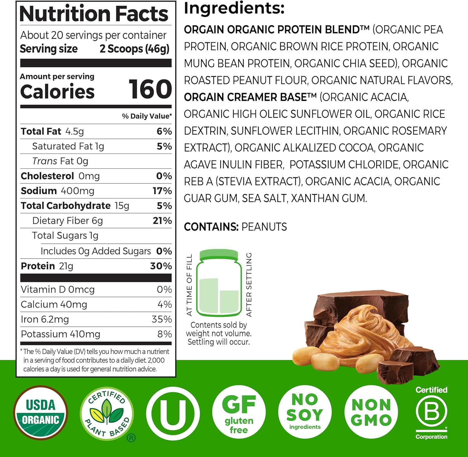 Orgain Organic Vegan Protein Powder, Chocolate Peanut Butter - 21g Plant Protein, 6g Prebiotic Fiber, Low Net Carb, No Lactose Ingredients, No Added Sugar, Non-GMO, For Shakes & Smoothies, 2.03 lb