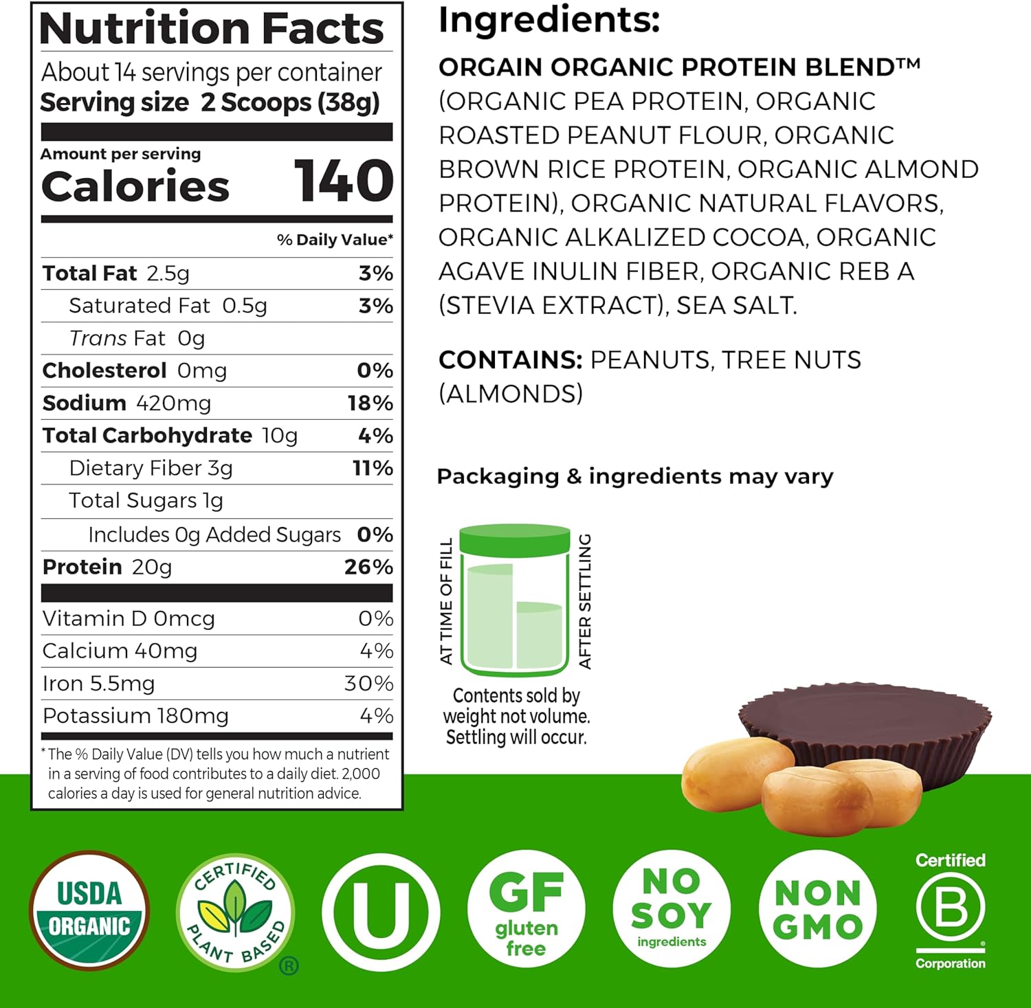 Orgain X Justin's ® Organic Vegan Nut Butter Protein Powder, Chocolate Peanut Butter- 20g Plant Protein, 1g Sugar, Gluten Free, No Dairy, Soy Ingredients, or Artificial Flavors, 1.17 lb