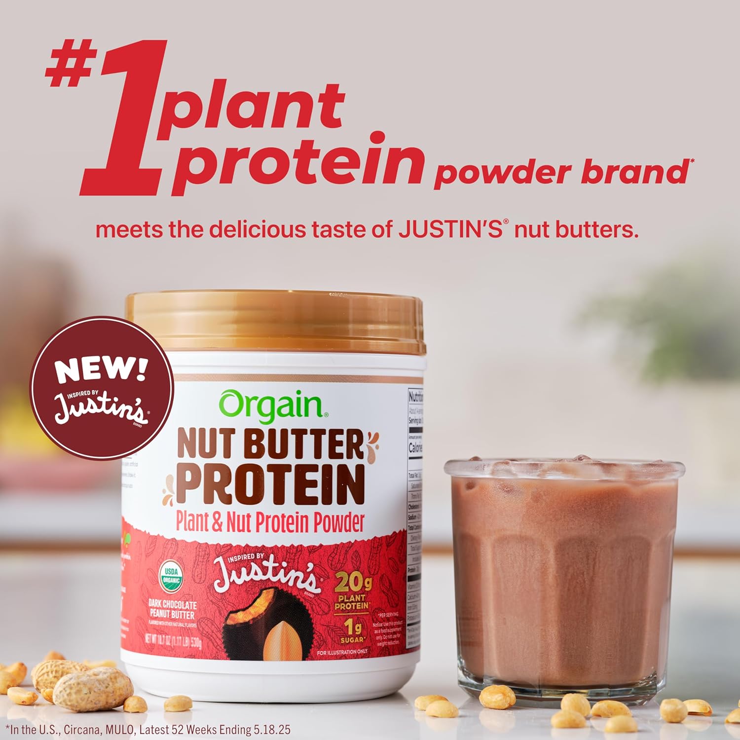 Alternative view of Orgain X Justin's ® Organic Vegan Nut Butter Protein Powder, Chocolate Peanut Butter- 20g Plant Protein, 1g Sugar, Gluten Free, No Dairy, Soy Ingredients, or Artificial Flavors, 1.17 lb