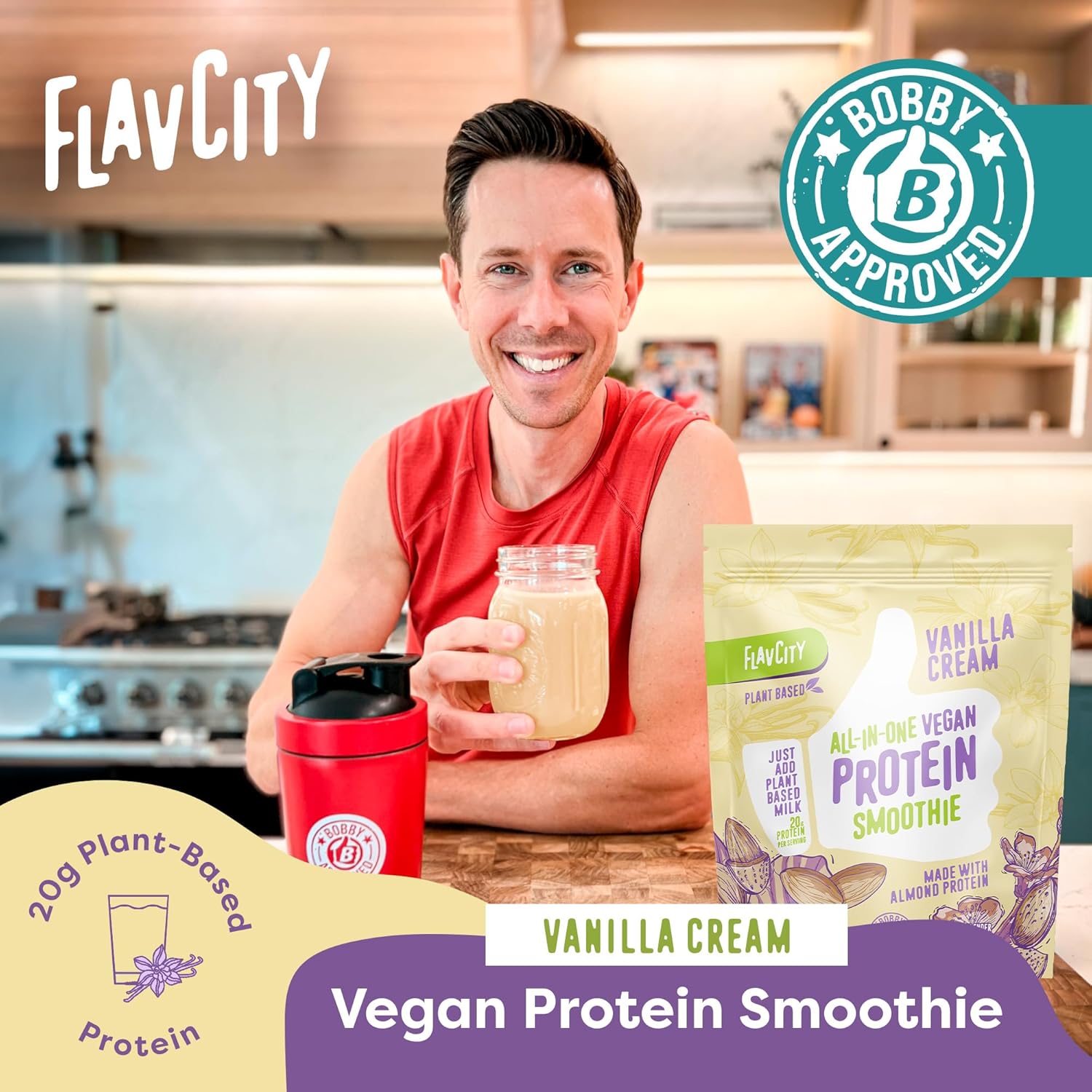 FlavCity Vegan Protein Powder - Vanilla Smoothie - 20g Almond, Plant Based Protein Powder - Dairy-Free Shake - with Organic Fruit, Reishi & Cordecyps Mushrooms - No Blender Needed (15 Servings)