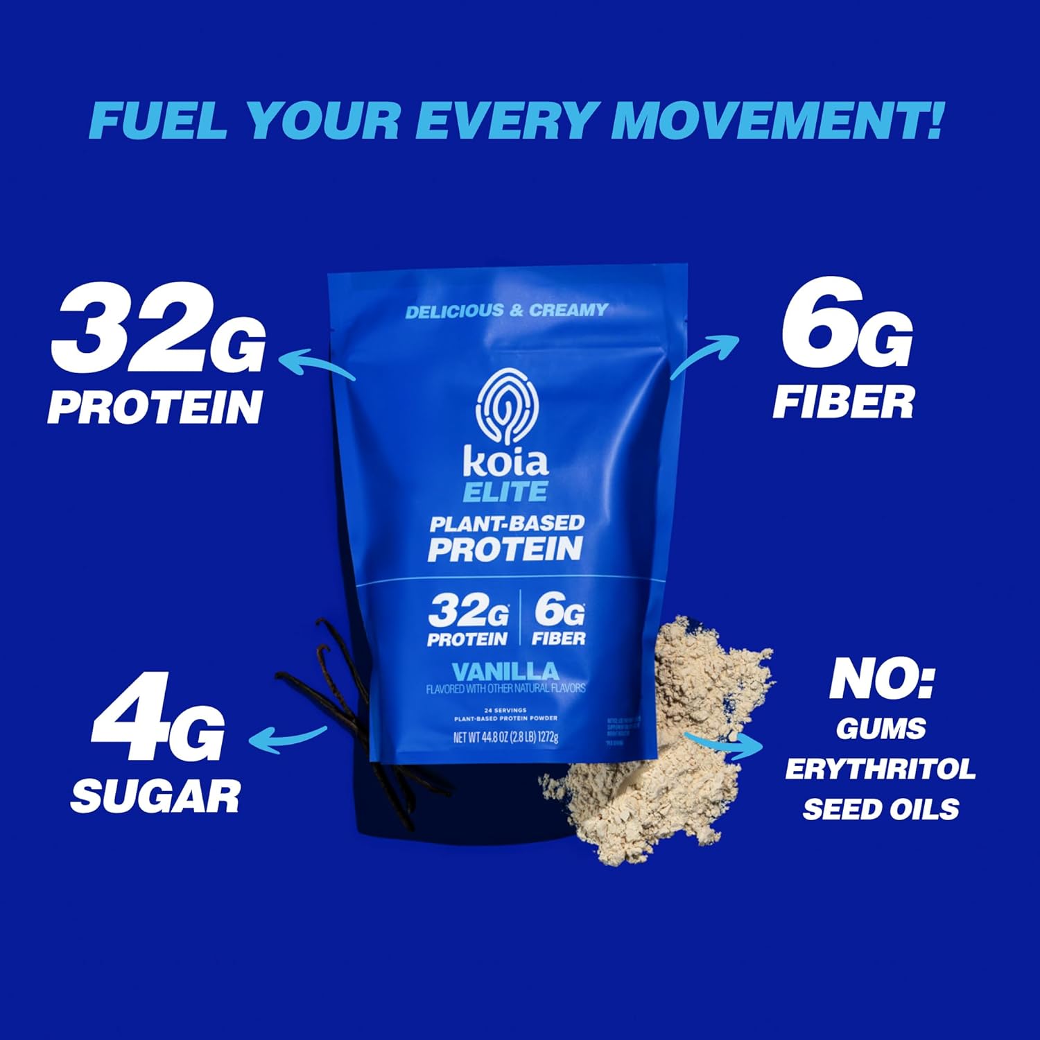 Koia Plant Based Protein Elite Powder, Vanilla, 32g Protein, 4g Sugar, 6g Prebiotic Fiber, Pre & Post Workout for Men & Women, 21 Vitamins & Minerals, Dairy-Free, 24 Servings, 44.8 Oz