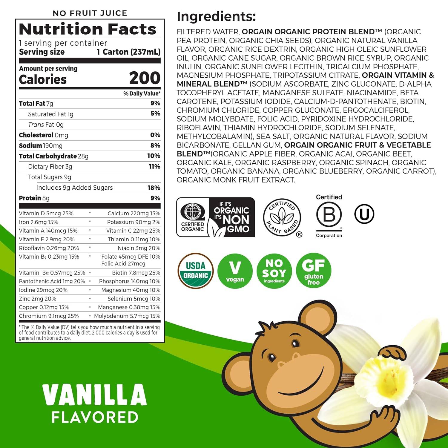 Orgain Organic Kids Nutritional Vegan Protein Shake, Vanilla - Healthy Kids Snacks, 8g Plant Protein, 3g Fiber, 23 Vitamins & Minerals, No Dairy & Soy, Non-GMO, 8 Fl Oz (12 Pack) Package May Vary