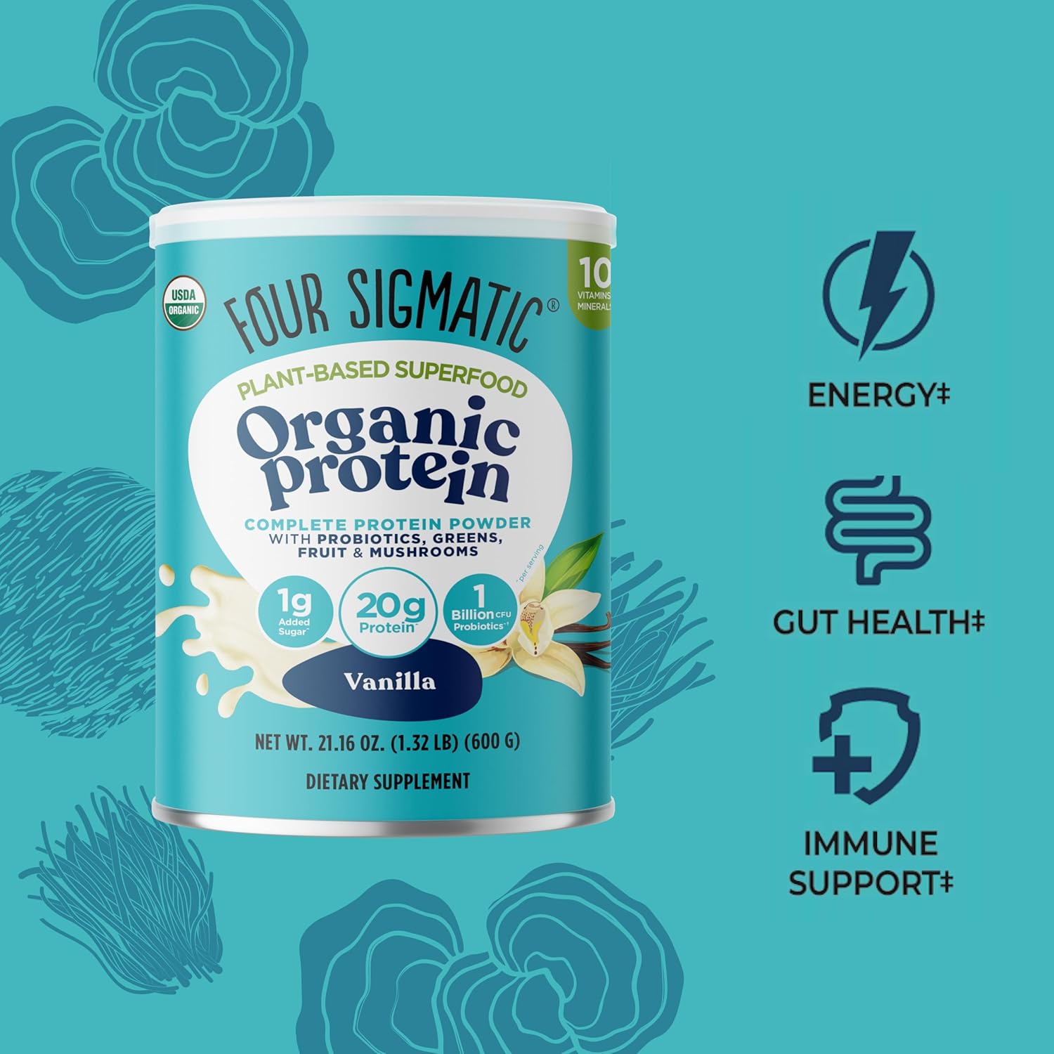Four Sigmatic Organic Vegan Protein Powder | 18g Plant-Based Protein per Serving | Gluten Free, Dairy Free, Soy Free, Non-GMO with No Filler Ingredients | 21.16oz, 15 Servings | Vanilla