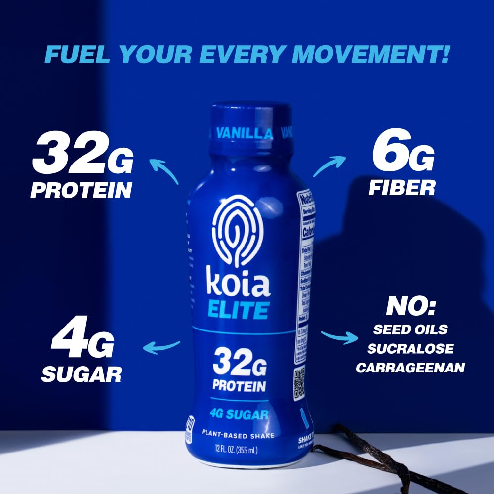 Alternative view of Koia Elite Plant Based Protein Shake, Vanilla, 32g Protein, 4g Sugar, 6g Prebiotic Fiber, Pre & Post Workout Nutritional Drink, No Seed Oils, Dairy-Free, Gluten-Free, Non-GMO, 12 Fl Oz (Pack of 12)