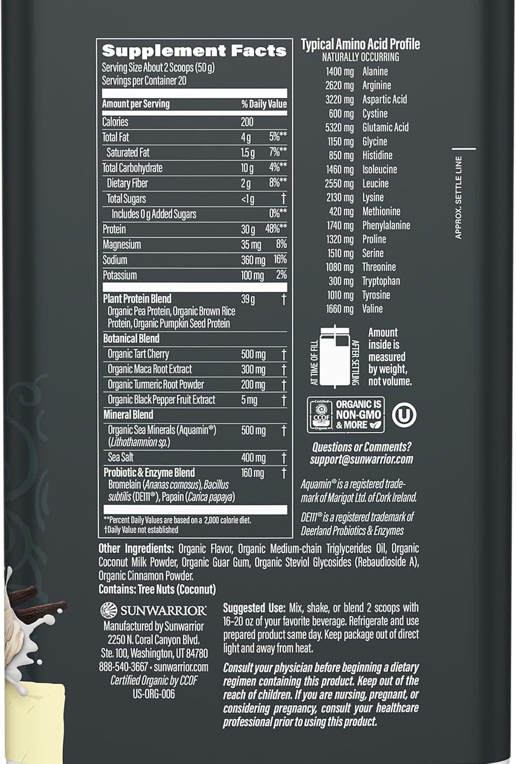 Sunwarrior Organic Plant Based Protein Powder | Vegan Organic Protein Powder with BCAA Amino Acids Plus Recovery Minerals & Botanicals | Non-GMO Soy Dairy & Gluten Free (Vanilla, 20 Servings)