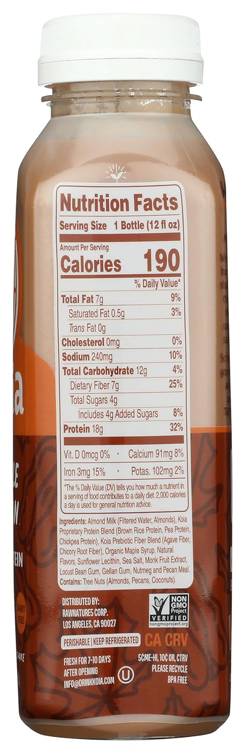 Koia Protein - Ready To Drink Plant Protein Shake (12 oz) - Maple Pecan - Dairy Free, Gluten Free, Soy Free, Non GMO, Kosher, Vegan