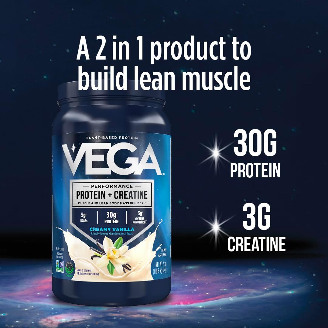 Vega Protein + Creatine - 30g Plant-Based Protein, Vanilla, 20 Servings, 3g Creatine, 5g BCAAs, Vegan, Keto, Gluten Free, Dairy Free, Low Carb, for Muscle Growth & Repair, Drink Mix, 33.9oz