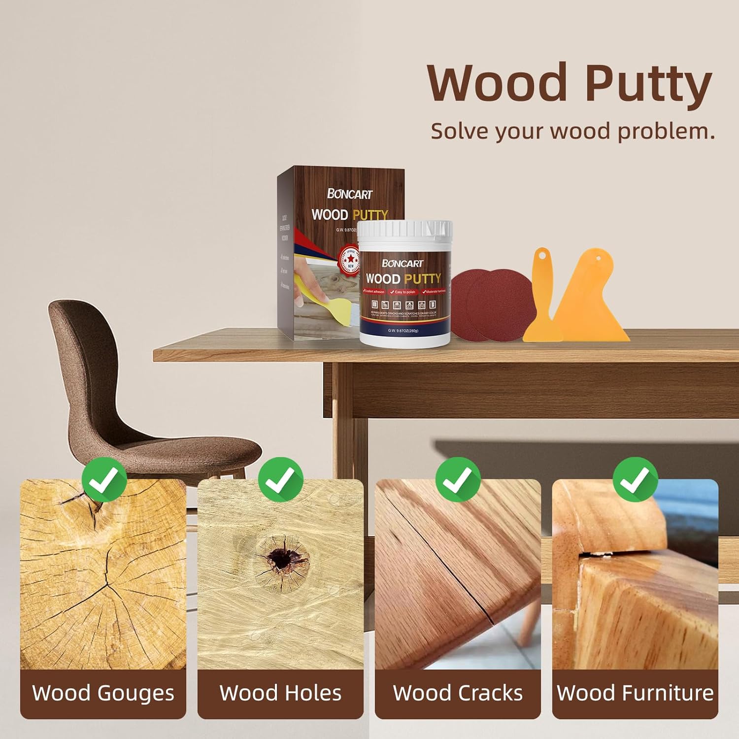 BONCART Wood Filler,Wood Putty,Wood Filler Paintable,Wood Repair Putty Stainable,9.87 Ounce White wood filler,Wood furniture repair kit,Quickly repair any broken and defective wooden furniture - Image 3