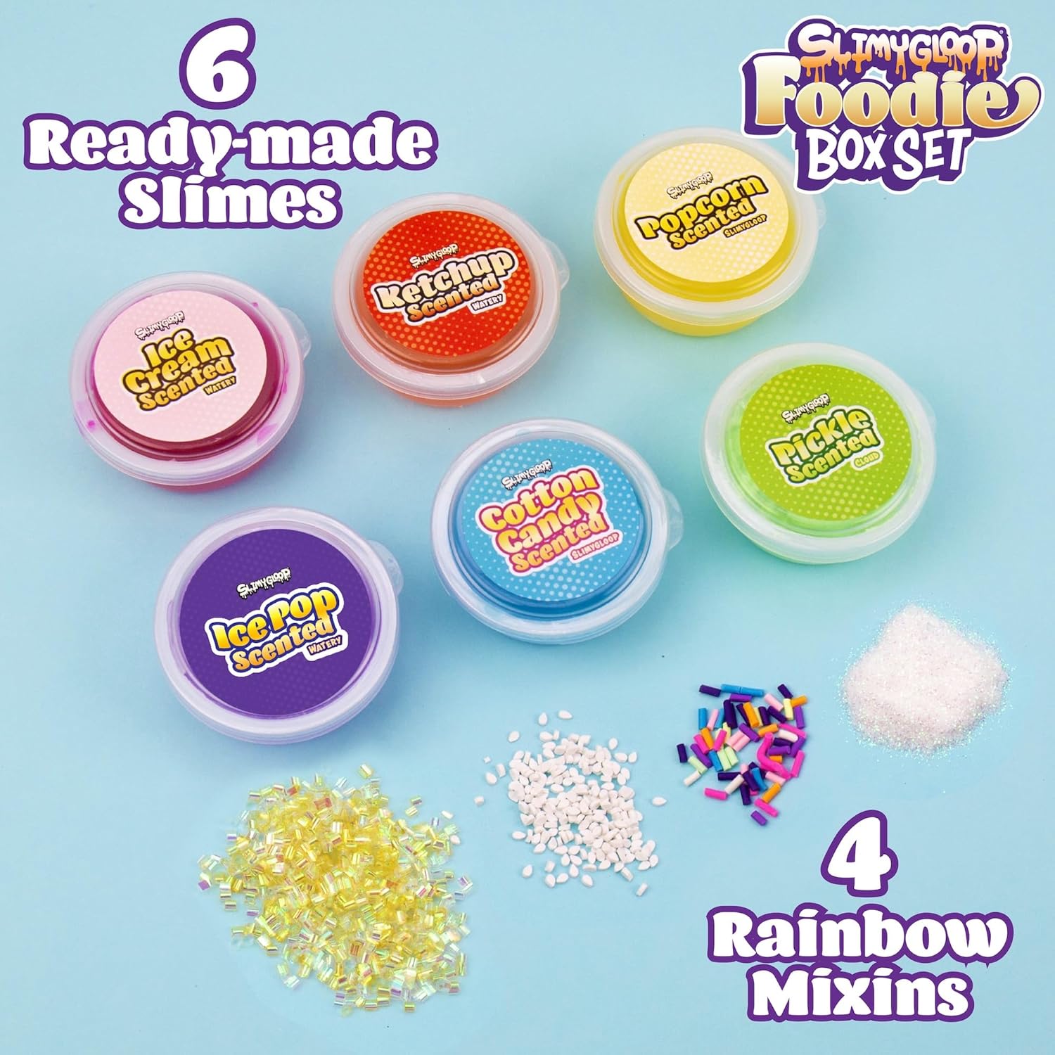 Slimygloop Foodie Box Set - 6-Pack Scented Slimes, Fluffy Cloud, Glitter, Water, Fun Add Ins - Kids Party Favors, Goodie Bags, Bulk Food-Themed Slime