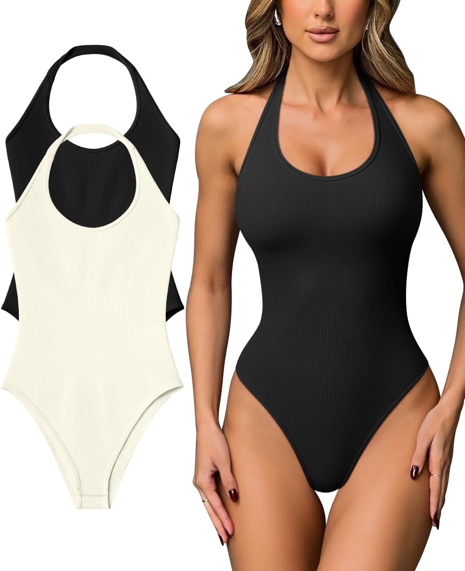 OQQ Women Halter Neck Bodysuits 2 Pack Sleeveless Shapewear One Piece Leotard Shirt Going Out Tops - Image 6