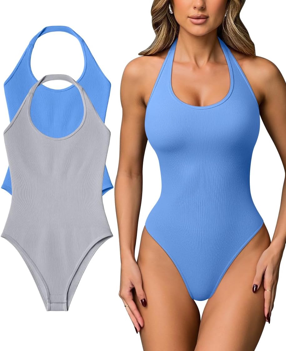 OQQ Women Halter Neck Bodysuits 2 Pack Sleeveless Shapewear One Piece Leotard Shirt Going Out Tops - Image 8