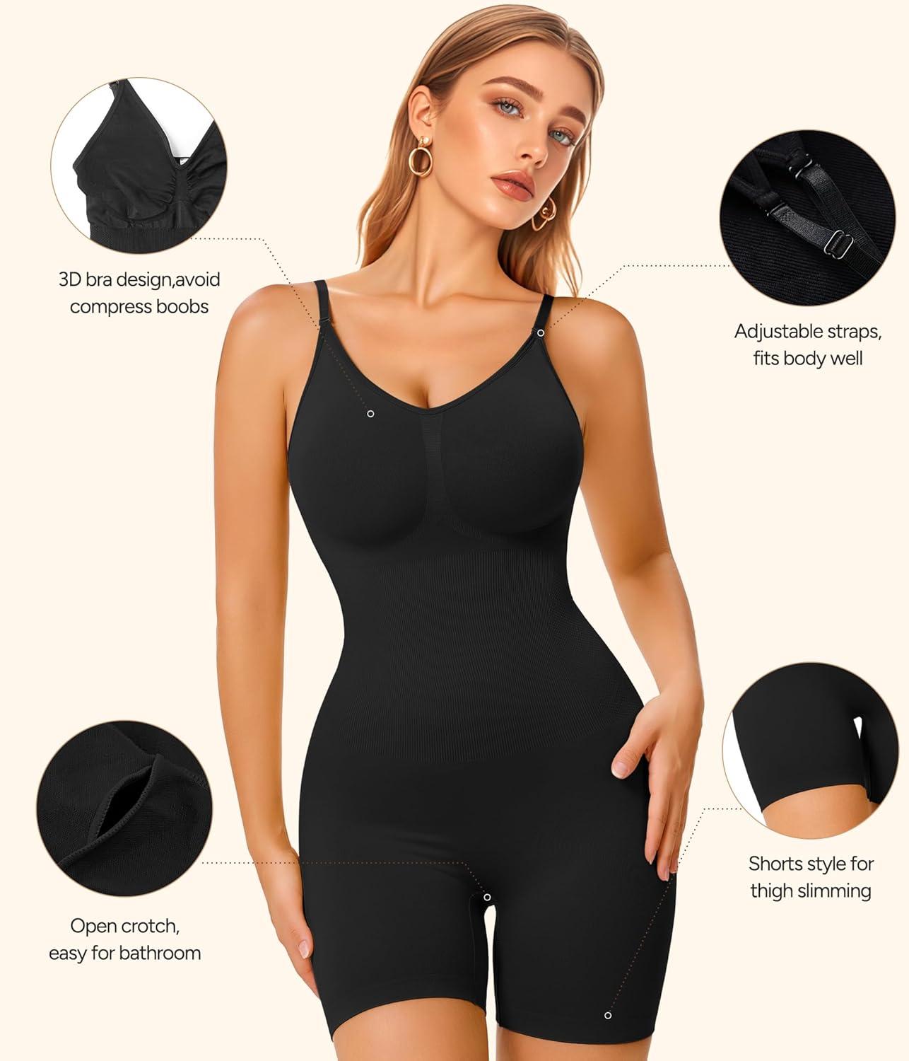 Alternative view of Irisnaya Women Slimming Bodysuits Shapewear Tops Tummy Control Body Shaper Spaghetti Strap Camisole Leotards Bodycon Jumpsuit