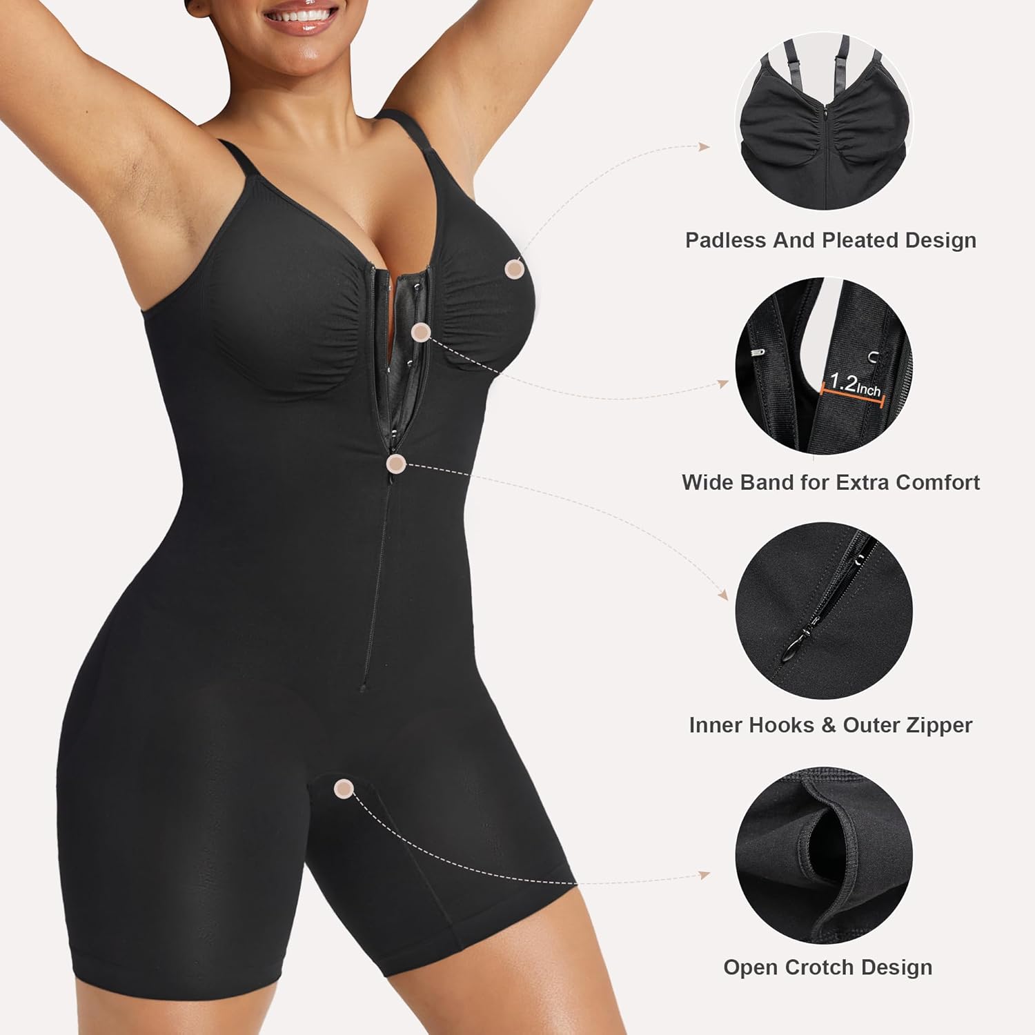 Alternative view of SHAPERX Women's Shapewear Bodysuit Tummy Control Seamless Zip-Up Body Shaper Waist Snatched Body Suit