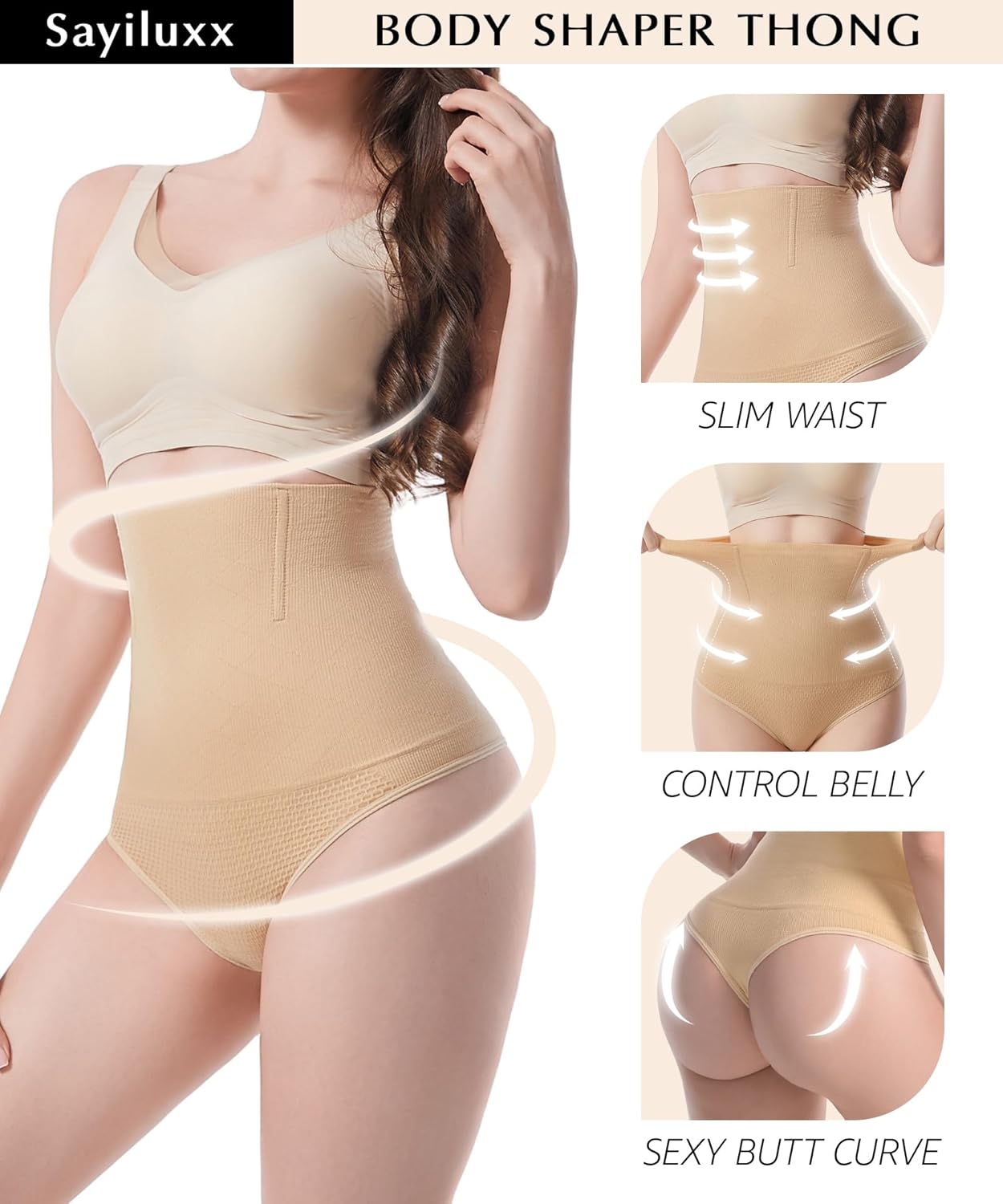 Sayiluxx Tummy Control Thong Shapewear for Women High Waist Shaping Underwear Stay-Put Seamless Body Shaper Panties Girdle
