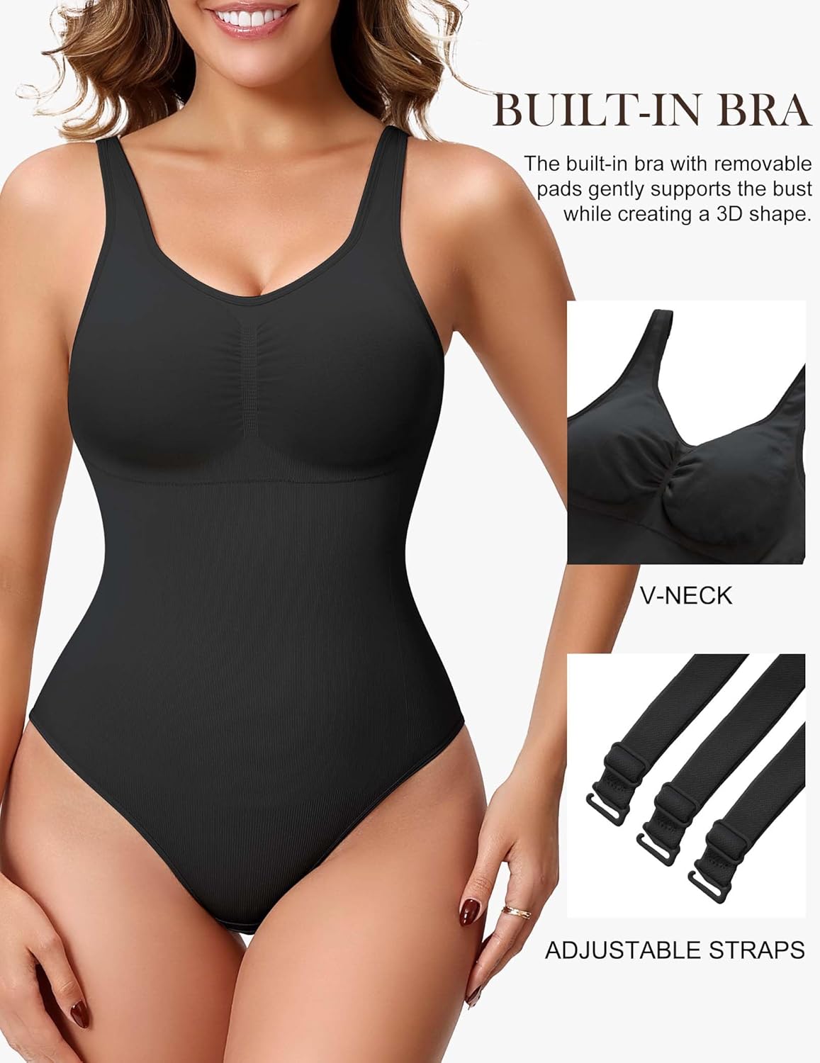 Alternative view of ANNZHIBRA Seamless Shapewear Bodysuit for Women, V Neck Halter Brief with Built-in Bra, Tummy Control Body Shaper