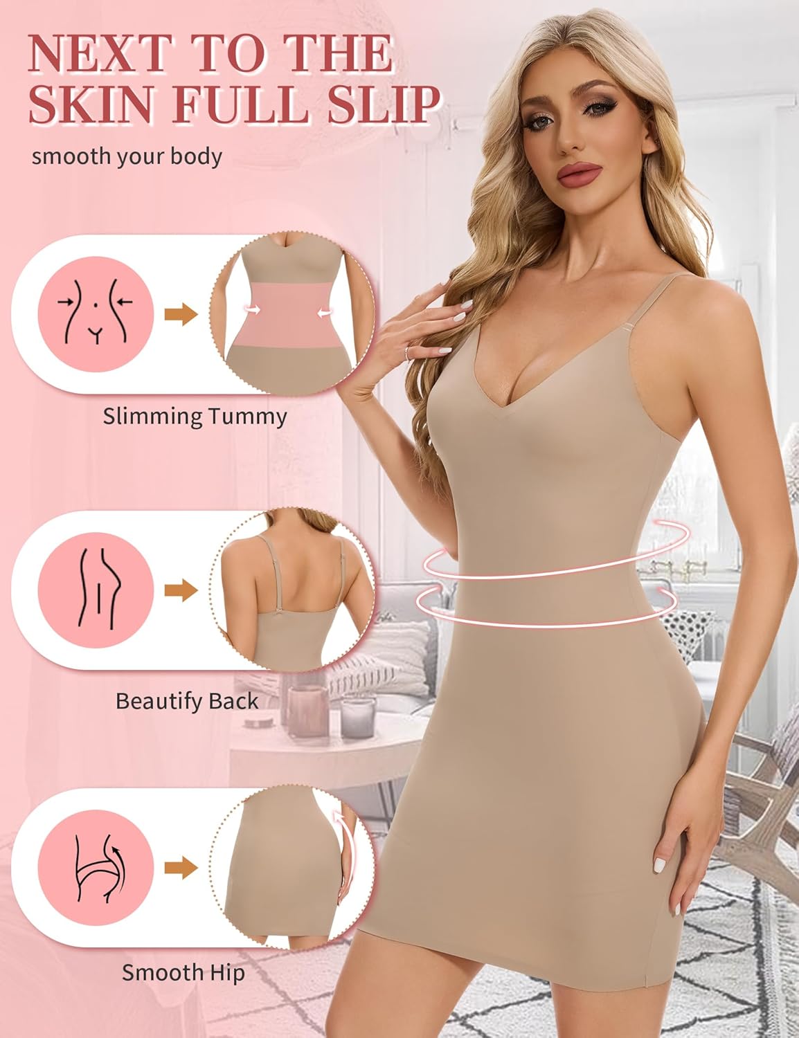 SLIMBELLE Shapewear Slips For Under Dress Deep V Neck Adjustable Strap Tummy Control Full Slip Seamless Shaper For Women