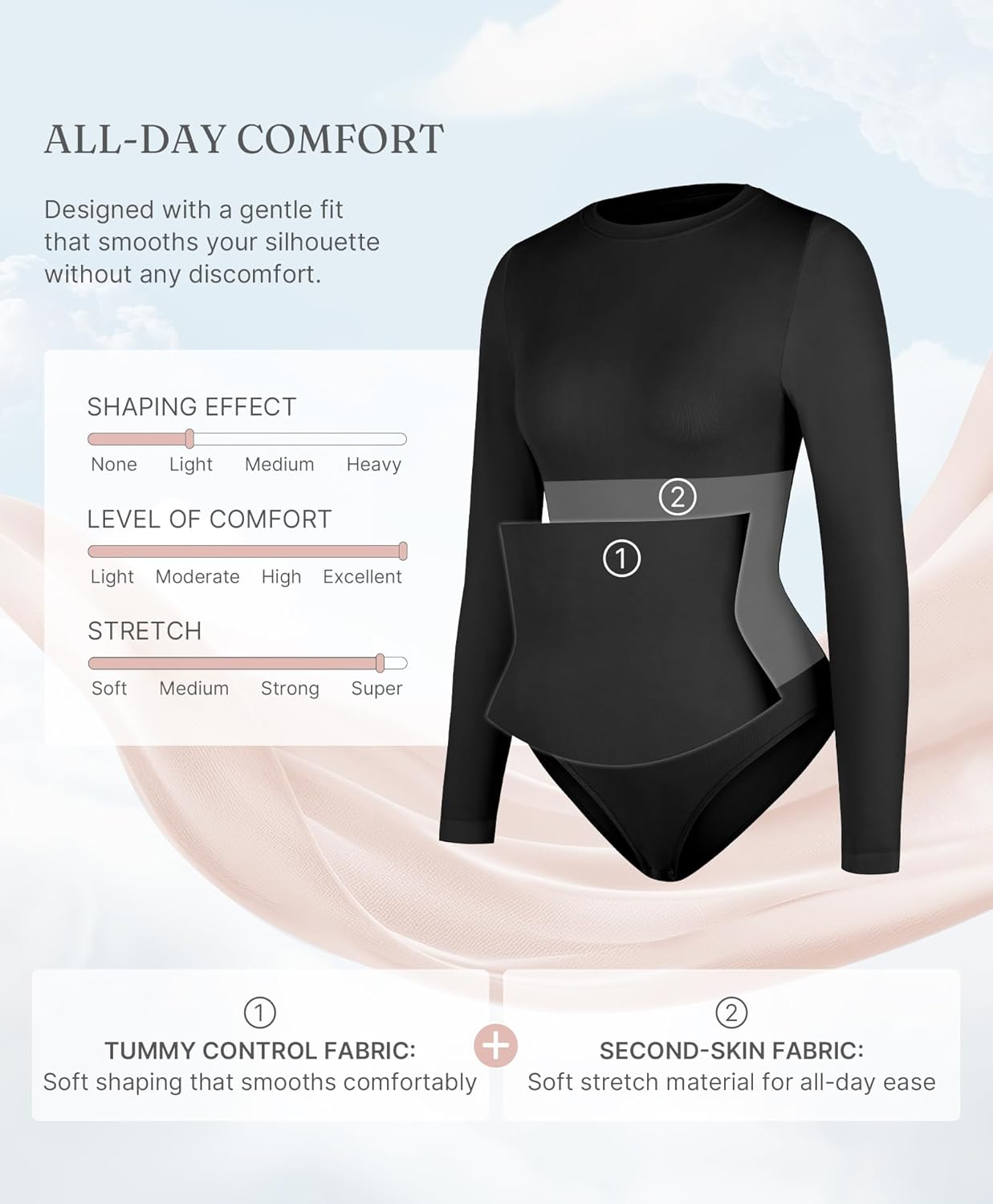 Alternative view of FeelinGirl Lightweight Breathable Bodysuit No Wedgies Smooths Curves Body Suits Women's Bodysuits Long Sleeve Body Suit
