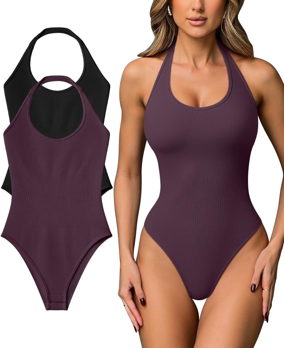 OQQ Women Halter Neck Bodysuits 2 Pack Sleeveless Shapewear One Piece Leotard Shirt Going Out Tops - Image 7