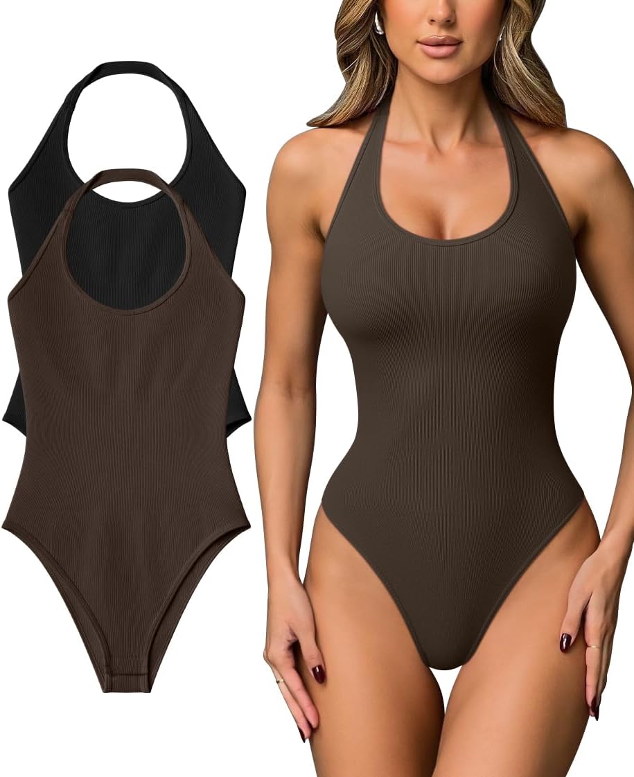 OQQ Women Halter Neck Bodysuits 2 Pack Sleeveless Shapewear One Piece Leotard Shirt Going Out Tops - Image 8