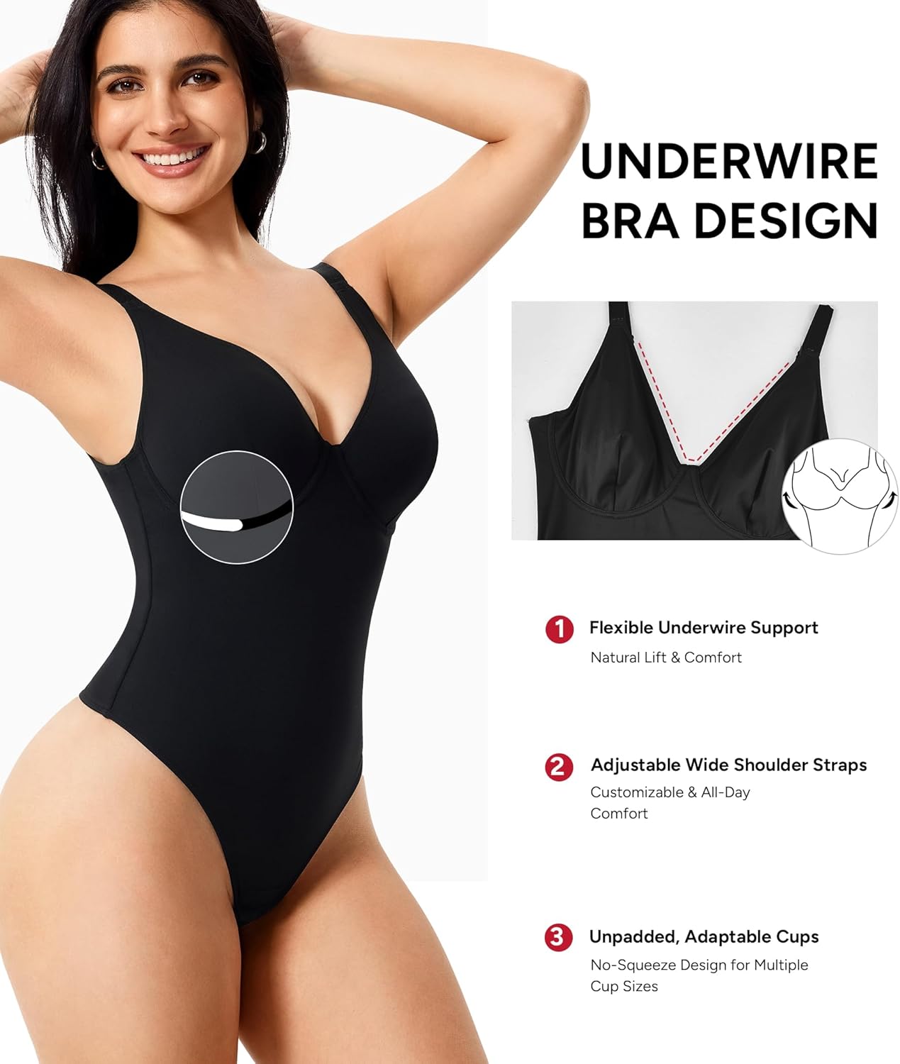 Nebility Shapewear Bodysuits for Women Tummy Control Body Shaper Deep V Neck Thong Body Suits